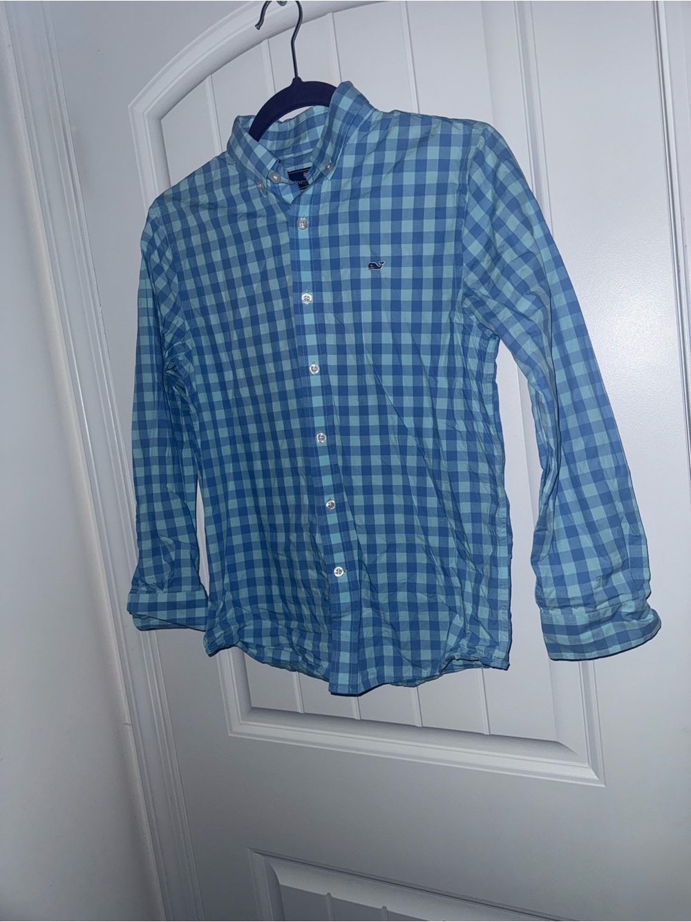 Vineyard Vines Boys Whale Shirt M 12–14 Blue Check Button Down